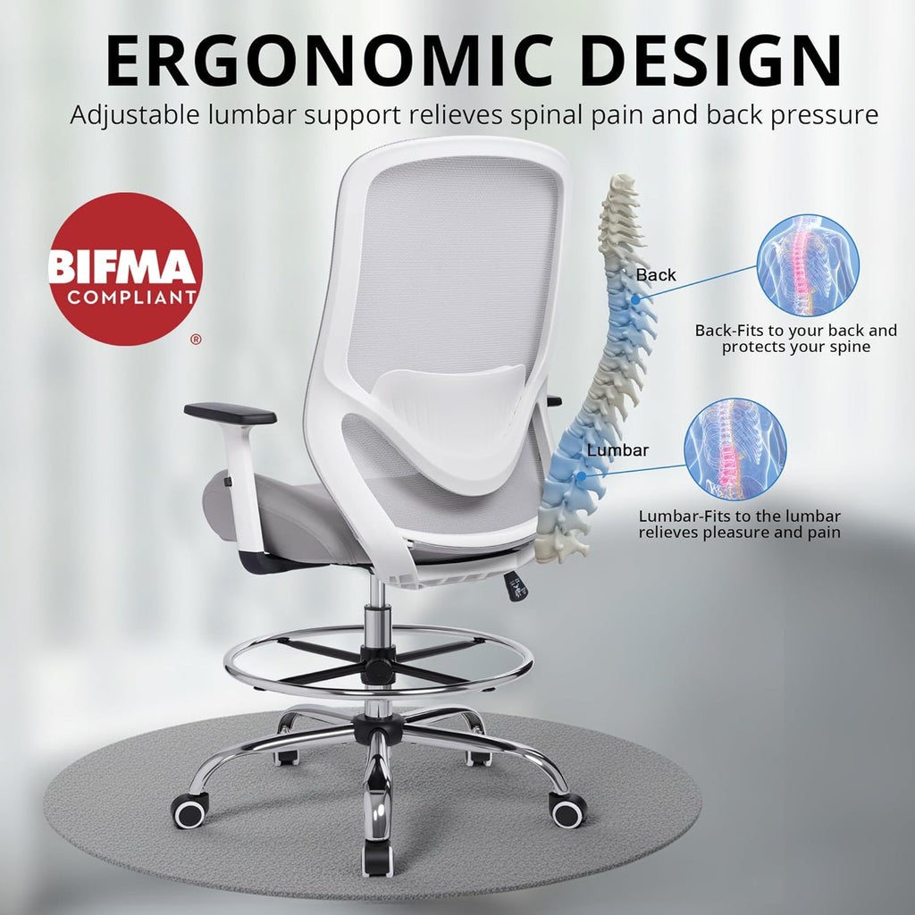 Office Drafting Chair, Tall Height Adjustable Ergonomic Office Chair with Footrest, High Back Desk Chair with Flip-up Armrests and Lumbar Support