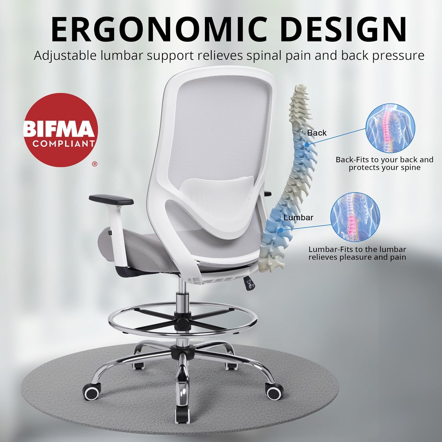 Office Drafting Chair, Tall Height Adjustable Ergonomic Office Chair with Footrest, High Back Desk Chair with Flip-up Armrests and Lumbar Support