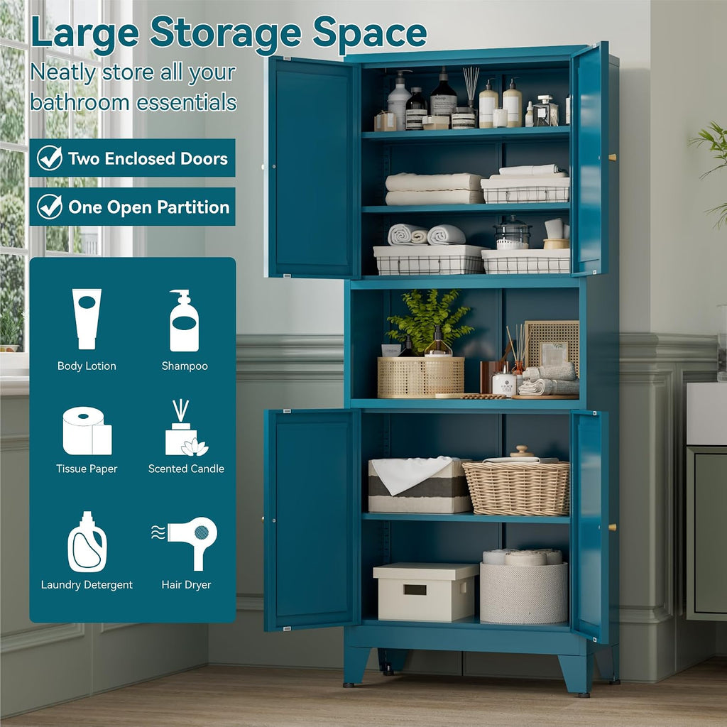 Bevivog Tall Pantry Cabinet with Microwave Shelf, 69" Metal Storage Cabinet with 4 Doors and Adjustable Shelves,Freestanding Metal Kitchen Hutch Cabinet, Blue Pantry Closet Storage Shelves with Doors