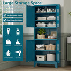 Bevivog Tall Pantry Cabinet with Microwave Shelf, 69" Metal Storage Cabinet with 4 Doors and Adjustable Shelves,Freestanding Metal Kitchen Hutch Cabinet, Blue Pantry Closet Storage Shelves with Doors