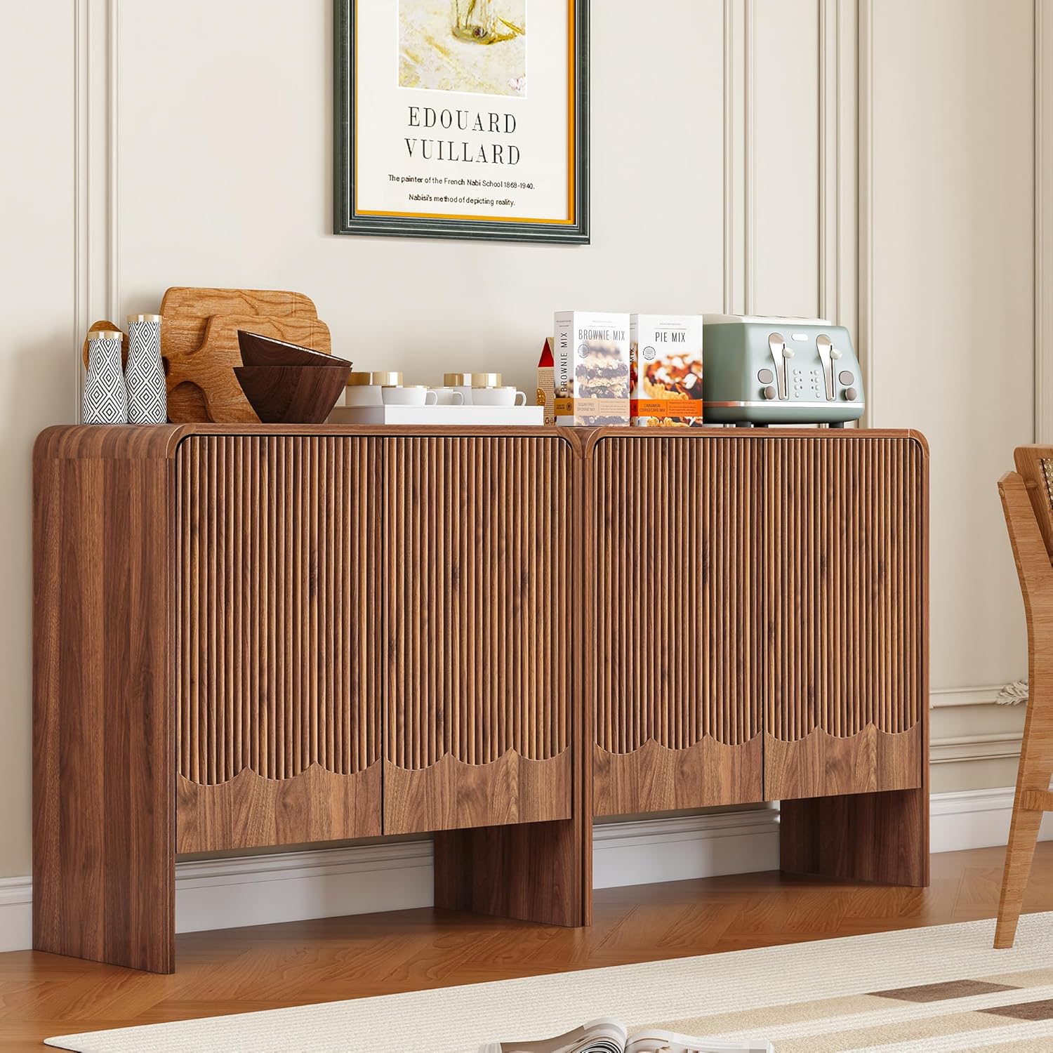 FurSch Fluted Sideboard Buffet Cabinet, Mid Century Modern Storage Cabinet with Curved Edge and Adjustable Shelf for Kitchen Dining Room Living Room (Walnut-Wave, 2 Doors*1 pc)