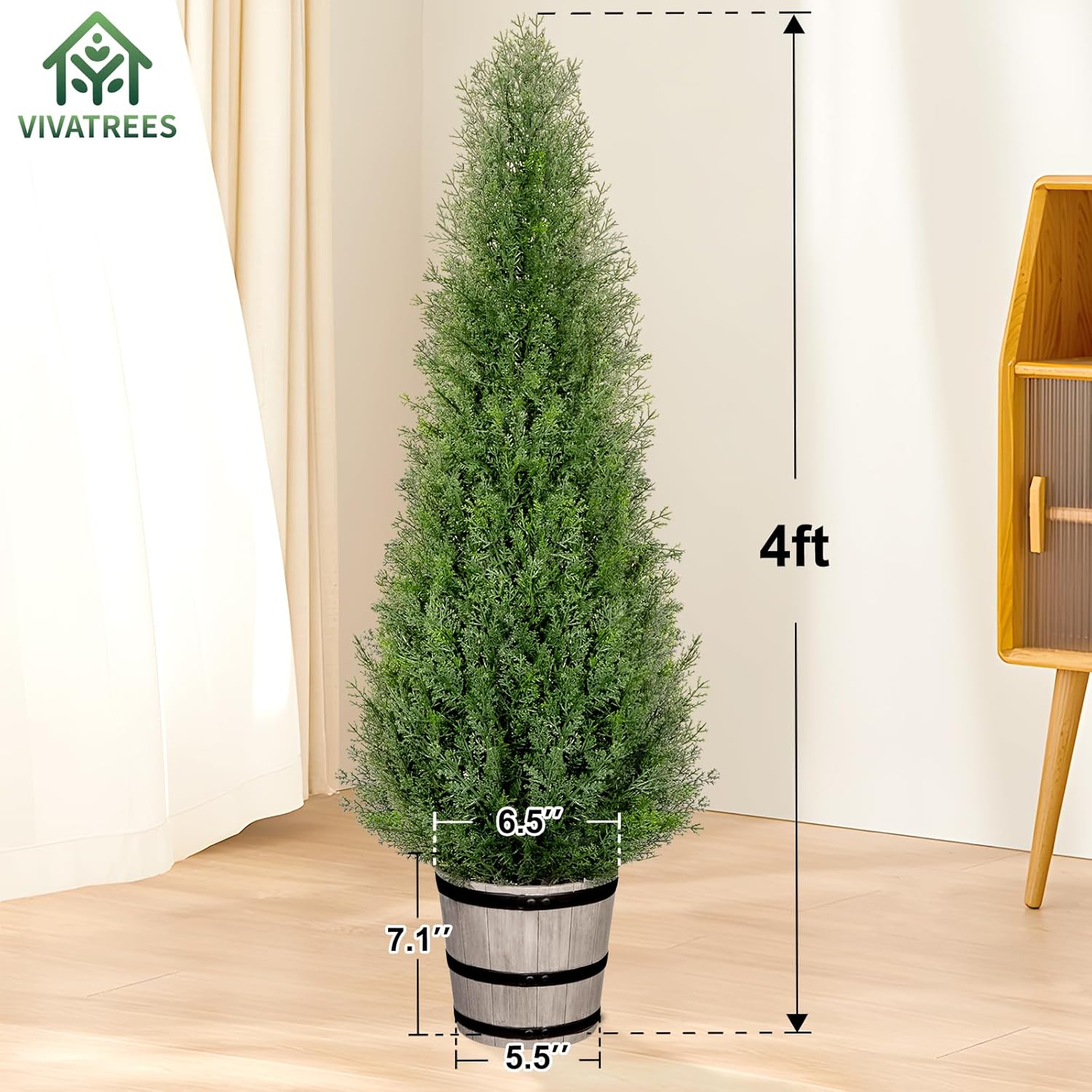 VIVATREES 4FT Artificial Cedar Topiary Trees with Rustic Barrel Planter, Outdoor Indoor Realistic Faux Pine Shrubs Plants, Fake Cypress Trees for Home Offices Porch Decor, Set of 2