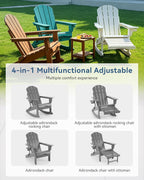Adirondack Rocking Chair with Retractable Ottoman and Cup Holders, HDPE Adirondack 4-in-1 Multifunctional Rocker Patio Rocking Chair for Porch, Patio, Balcony, Leaden,Grey