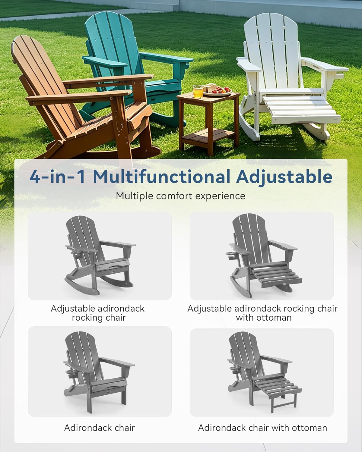 Adirondack Rocking Chair with Retractable Ottoman and Cup Holders, HDPE Adirondack 4-in-1 Multifunctional Rocker Patio Rocking Chair for Porch, Patio, Balcony, Leaden,Grey