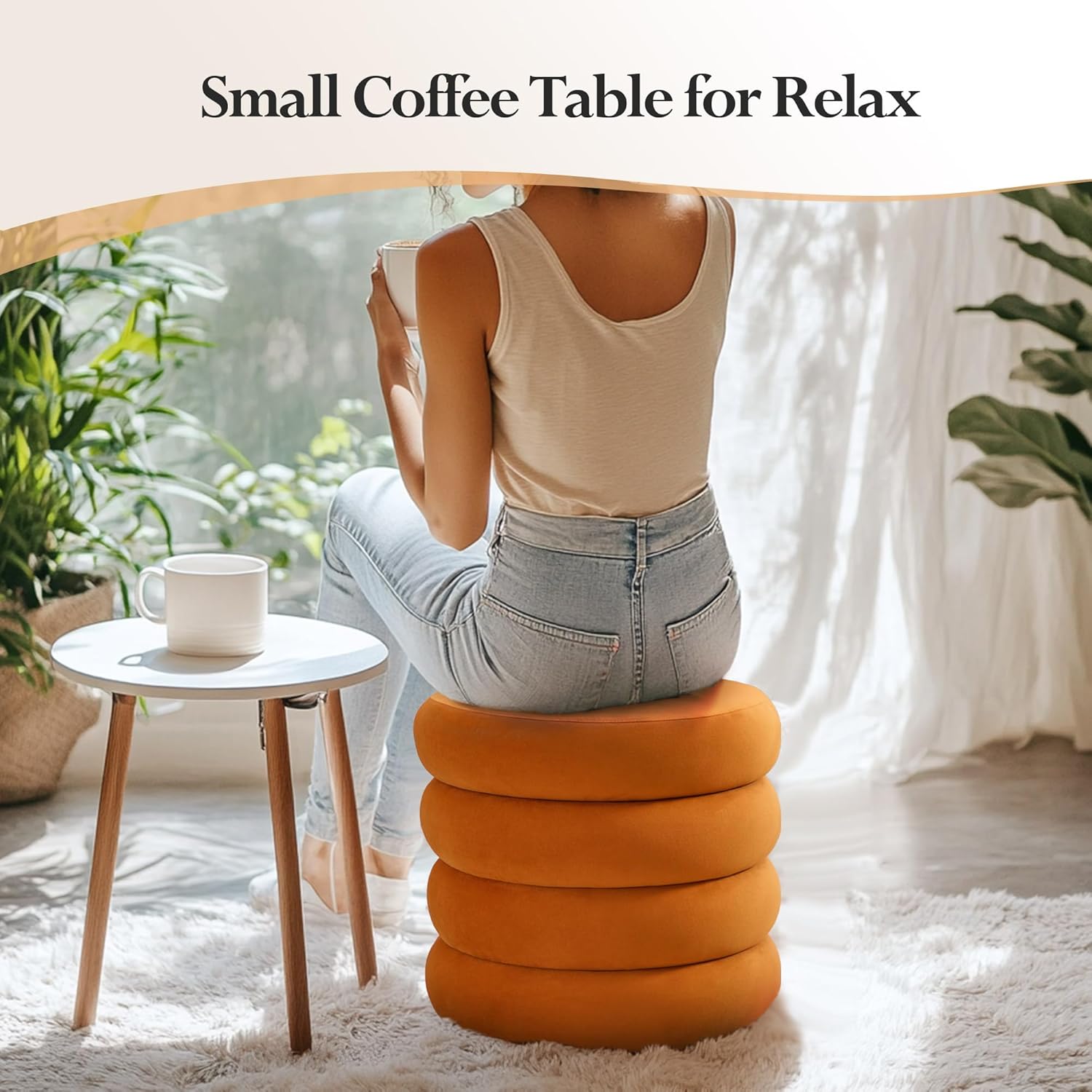 19.5 Inch Round Storage Ottoman, Modern Velvet Ottoman Coffee Table with Removable Top, Orange Vanity Stool with Storage for Bedroom, Living Room, Dorm, Set of 2