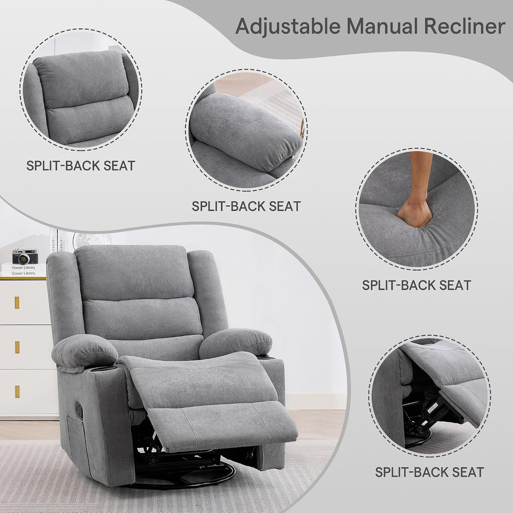 360°Swivel Rocking Chairs for Adult,Recliner Chair with Side Pockets and Cup Holders,Rocker Recliner with a Suitable for Living Rooms,Bedrooms,Light Grey