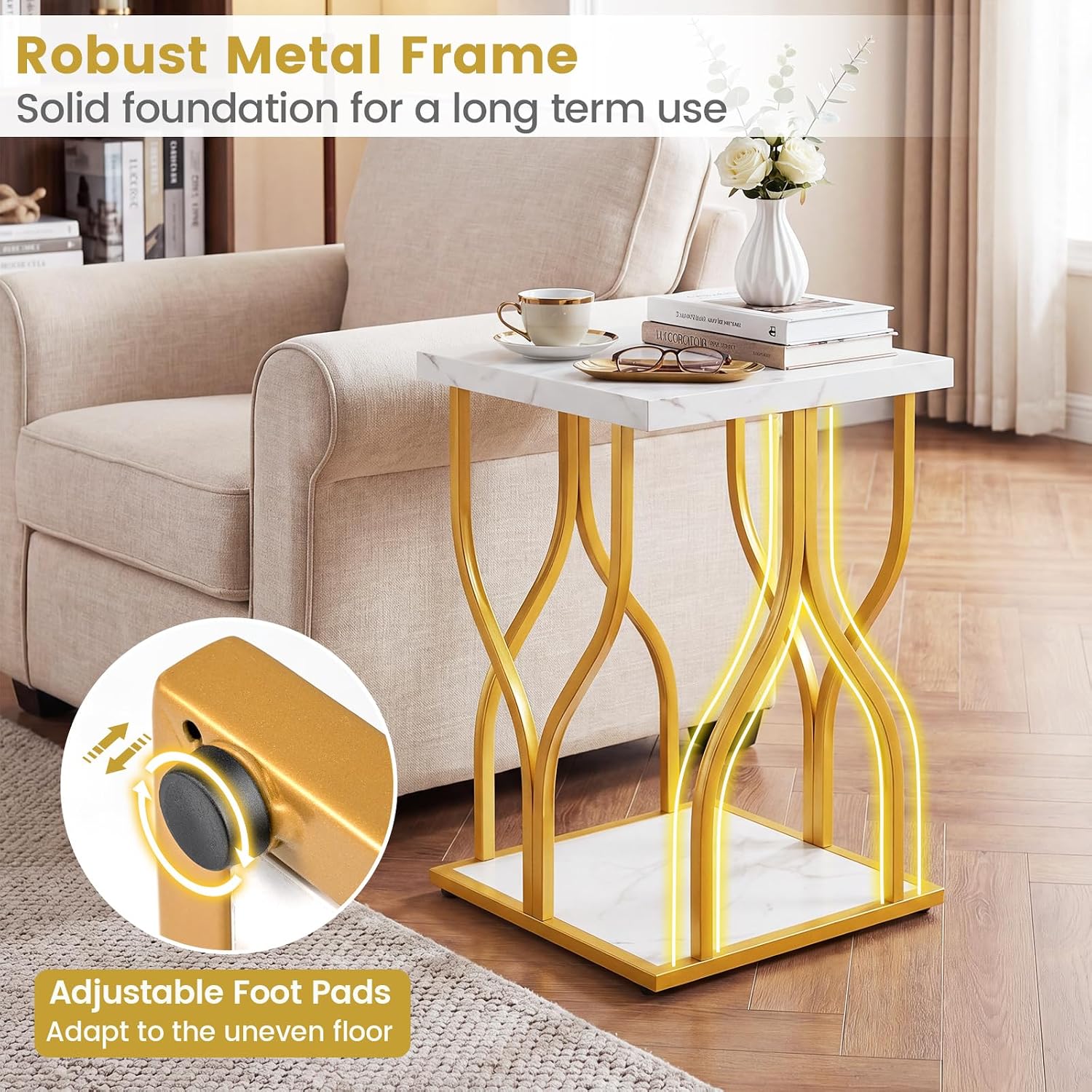 Giantex 2-Tier End Table, Faux Marble Bedside Night Stand with Storage Shelf & Gold Petal-Inspired Geometric Metal Frame, Modern Couch Sofa Side Table for Living Room Bedroom Small Spaces (1)