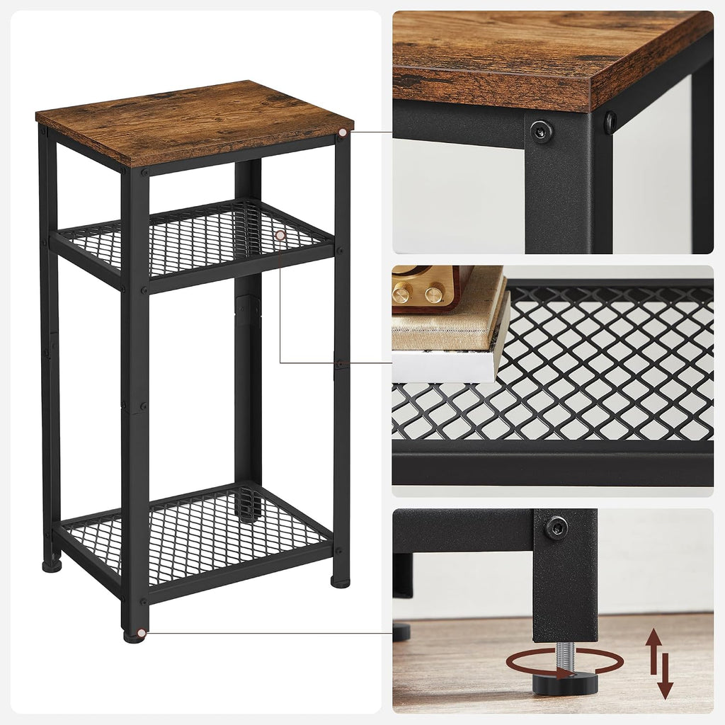 VASAGLE 3-Tier Tall Side Table, Small Telephone End Table Stand with 2 Mesh Storage Shelves for Office, Bedroom, Living Room, Kitchen Cart, Rustic Brown and Ink Black