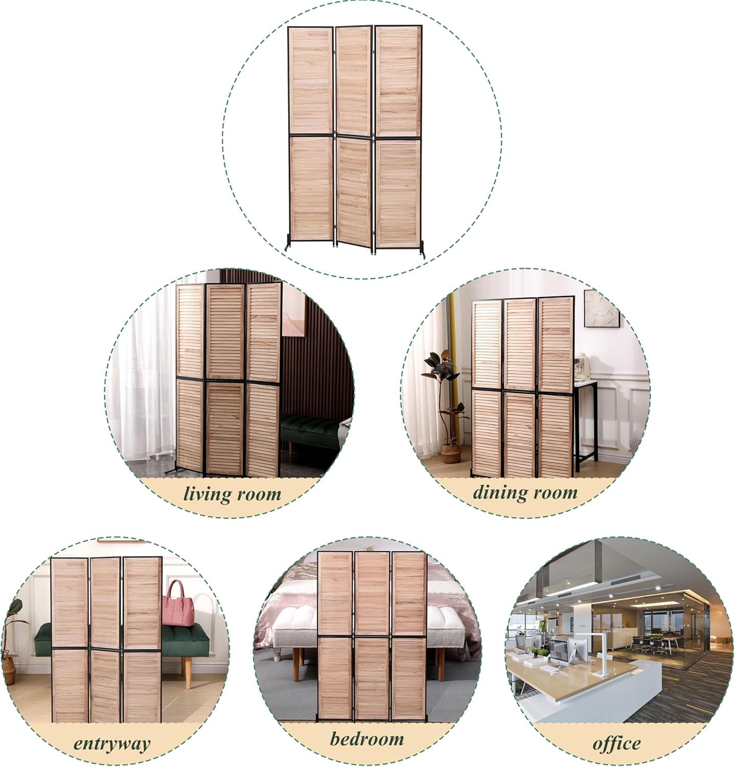 3 Panel Room Divider, 6Ft Wood Folding Privacy Screen, Free Standing Room Separator for Home Office Bedroom, Wall Partition Dividers with Metal Frame