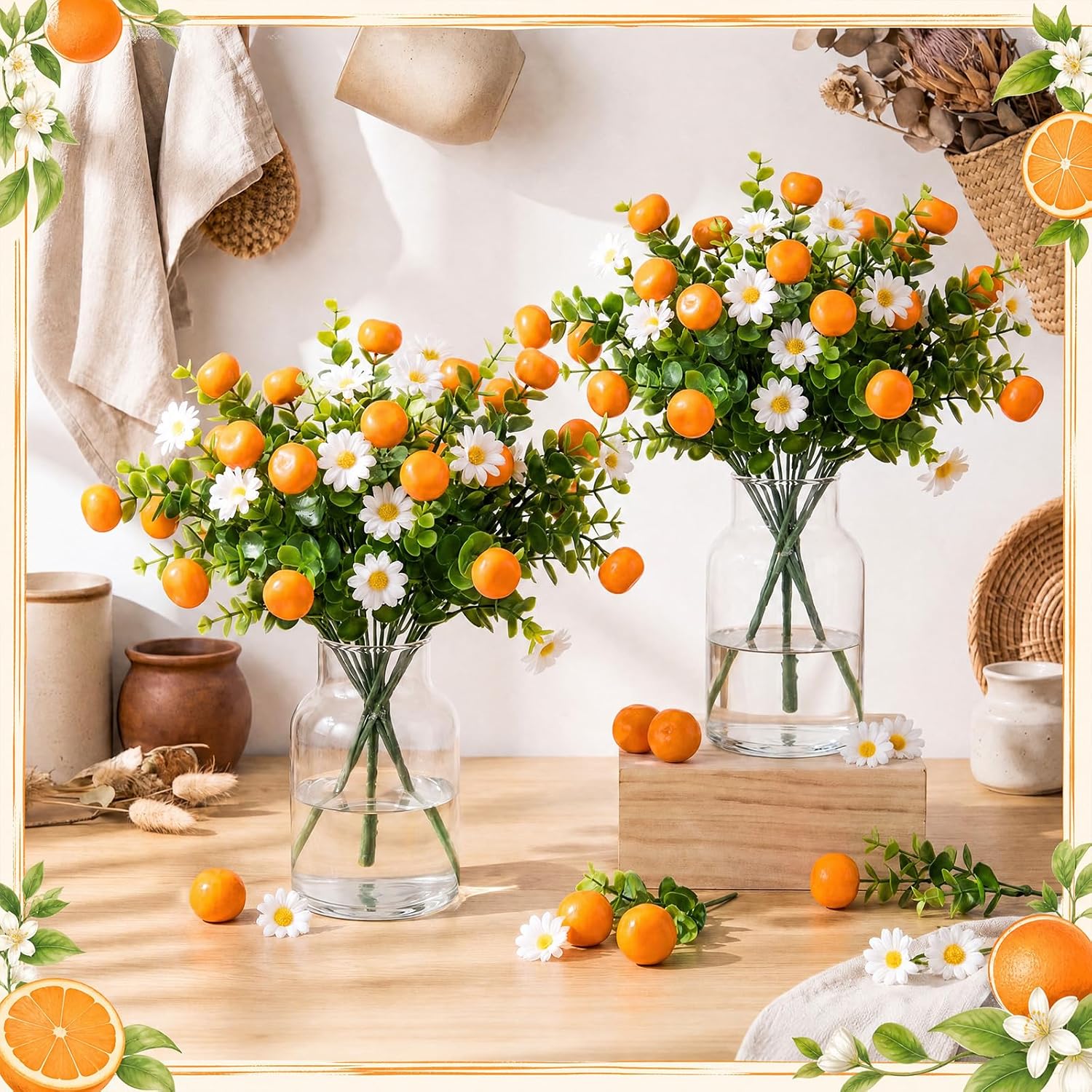 Tigeen 6 Pack Orange for Decoration Fake Orange Branches Artificial Vivid Faux Fruit Tables Centerpiece for Kitchen Stem Fruits for Home Spring Summer Decor