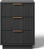 RoyalCraft Black Fluted Nightstand, Modern Bedside Table with 3 Large Storage Drawers, Wood End Table with Metal Handle for Bedroom