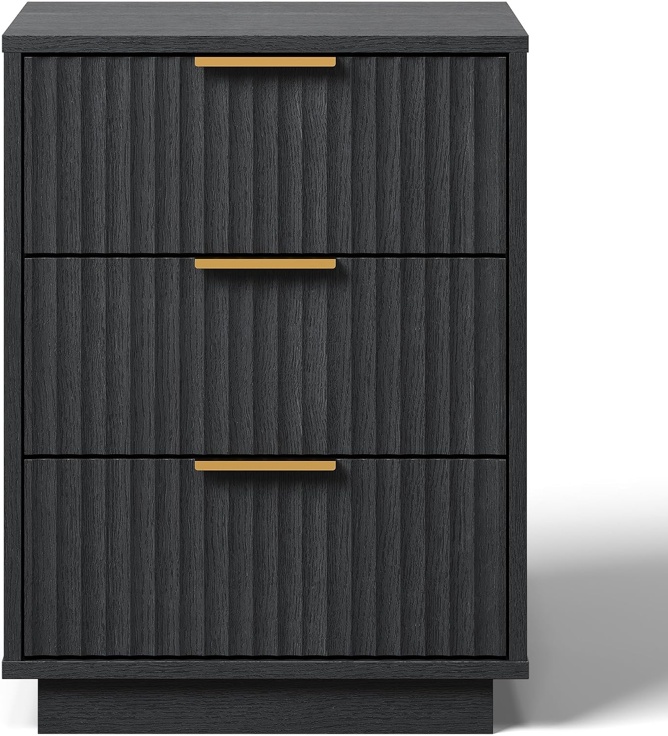RoyalCraft Black Fluted Nightstand, Modern Bedside Table with 3 Large Storage Drawers, Wood End Table with Metal Handle for Bedroom
