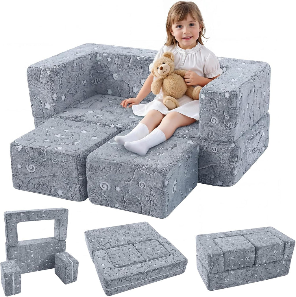 MeMoreCool Dinosaur Glow Foam Kids Play Couch Set, Gray Modular Sofa & Lounger – Glow-After-Light Dinosaur Pattern, Machine-Washable Cover