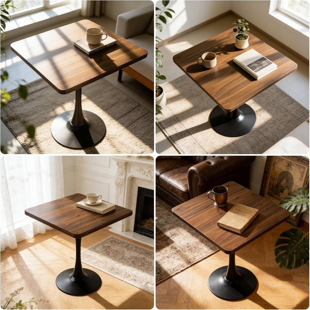 27.6" Square Dining Table, Modern Tulip Pedestal Table with Smooth MDF Square Tabletop & Metal Base, 2-4 Seater Compact Coffee Table for Small Kitchen, Leisure Table for Breakfast Nook, Walnut