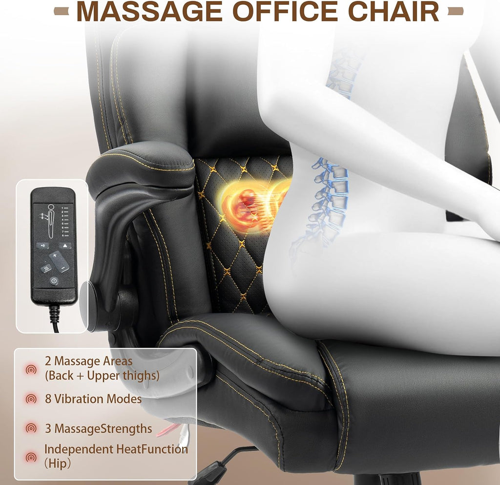 Massage Office Chair, 500LBS Ergonomic Rocking Executive Desk Chairs with 4 Points Vibration&Heat,Padded Flip-up Armrests for Big and Tall Office Chair,Swivel Computer Chair Thicken, PU Black