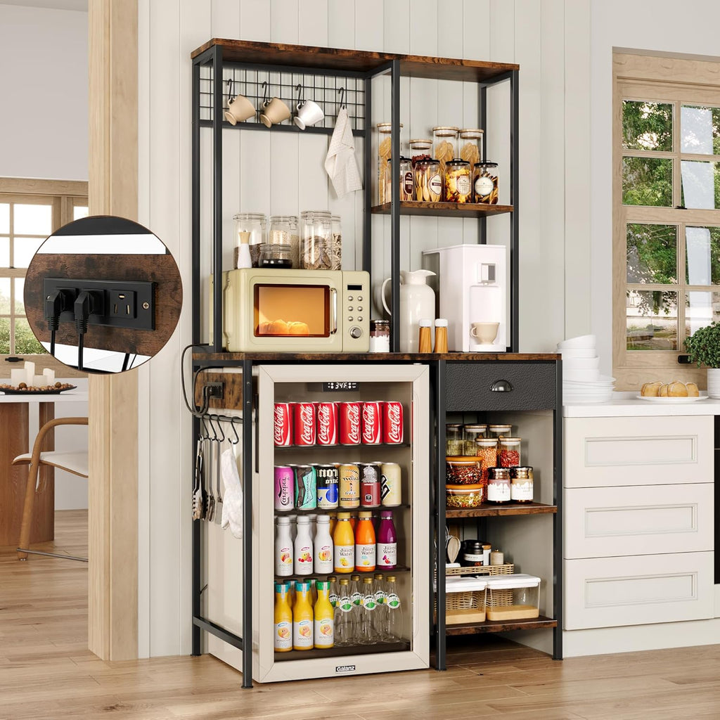 DreamDashio Over Mini Fridge Shelf with Power Outlet, 3-Tier Bakers Rack & Appliance Organizer for Microwave and Coffee Maker, Featuring Adjustable Shelves, Storage Drawer, 8 S-Hooks
