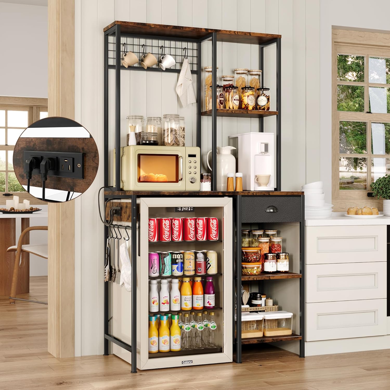 DreamDashio Over Mini Fridge Shelf with Power Outlet, 3-Tier Bakers Rack & Appliance Organizer for Microwave and Coffee Maker, Featuring Adjustable Shelves, Storage Drawer, 8 S-Hooks