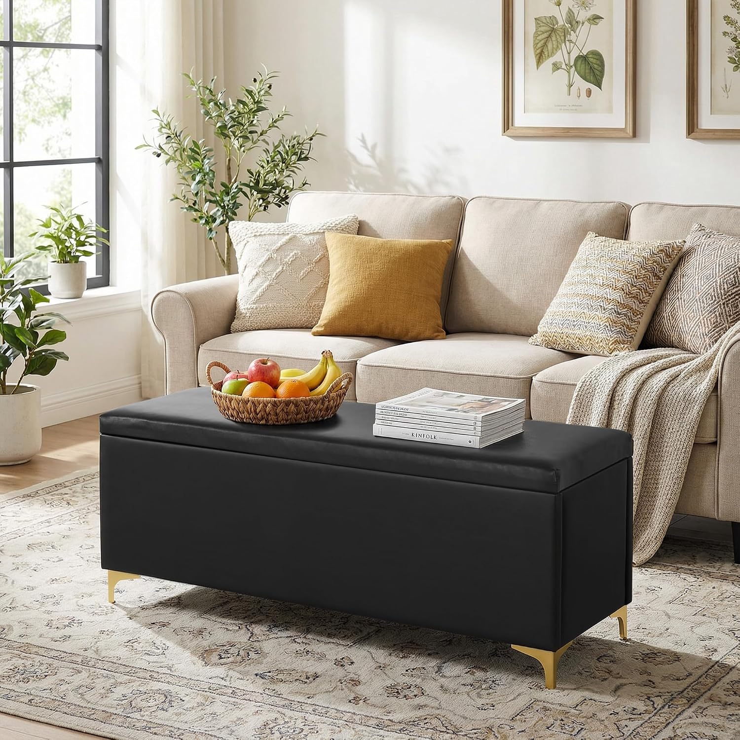 FHFO 52.9" Storage Ottoman Bench, End of Bed Storage Bench, Black | Faux Leather Upholstered | Large Capacity | Durable Fabric | Solid Wood Frame