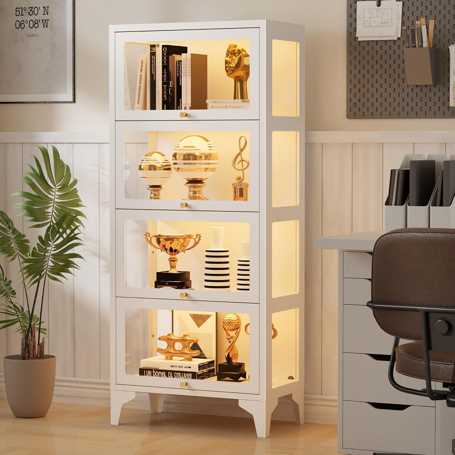 4 Tier Glass Display Cabinet with Flip-Up Doors, 55" Curio Cabinet with 13-Color LED Lights, 3-Side Tempered Glass Display Case for Books, Collectibles, Figures, White