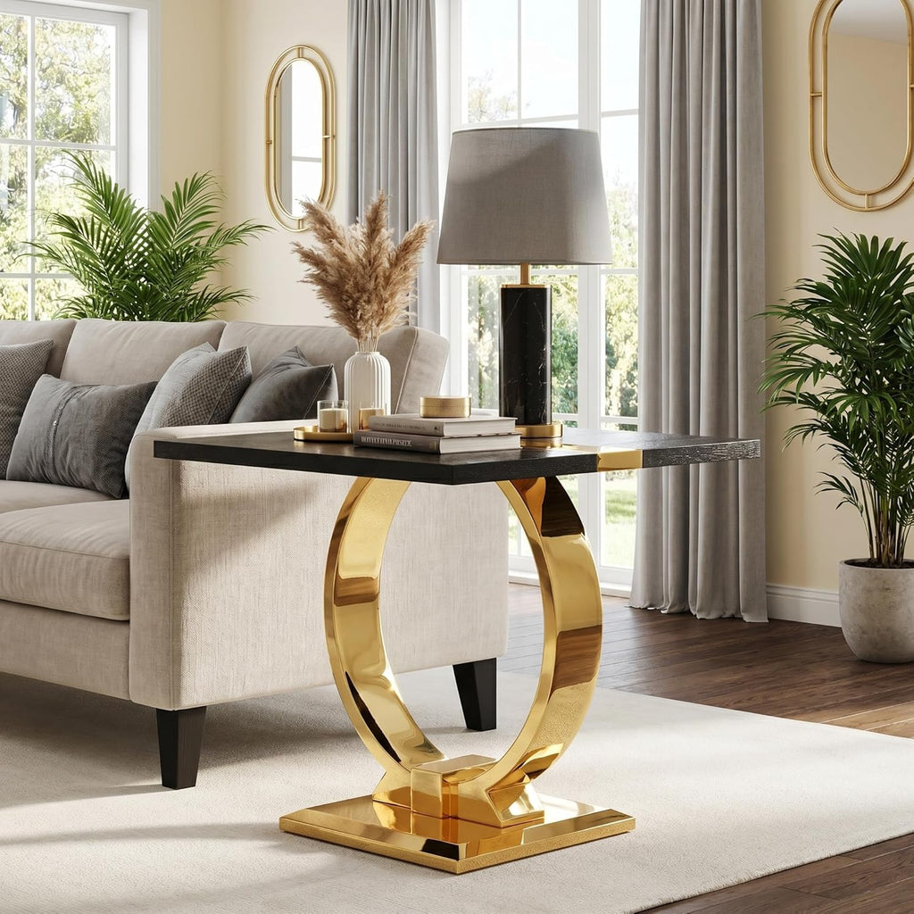 Asday 23” Wooden End Table Set of 2, Modern Luxury Square Side Table with Metal U Base for Living Room Bedroom Office, Black and Gold Nightstand Bedside Table Small Accent End Table