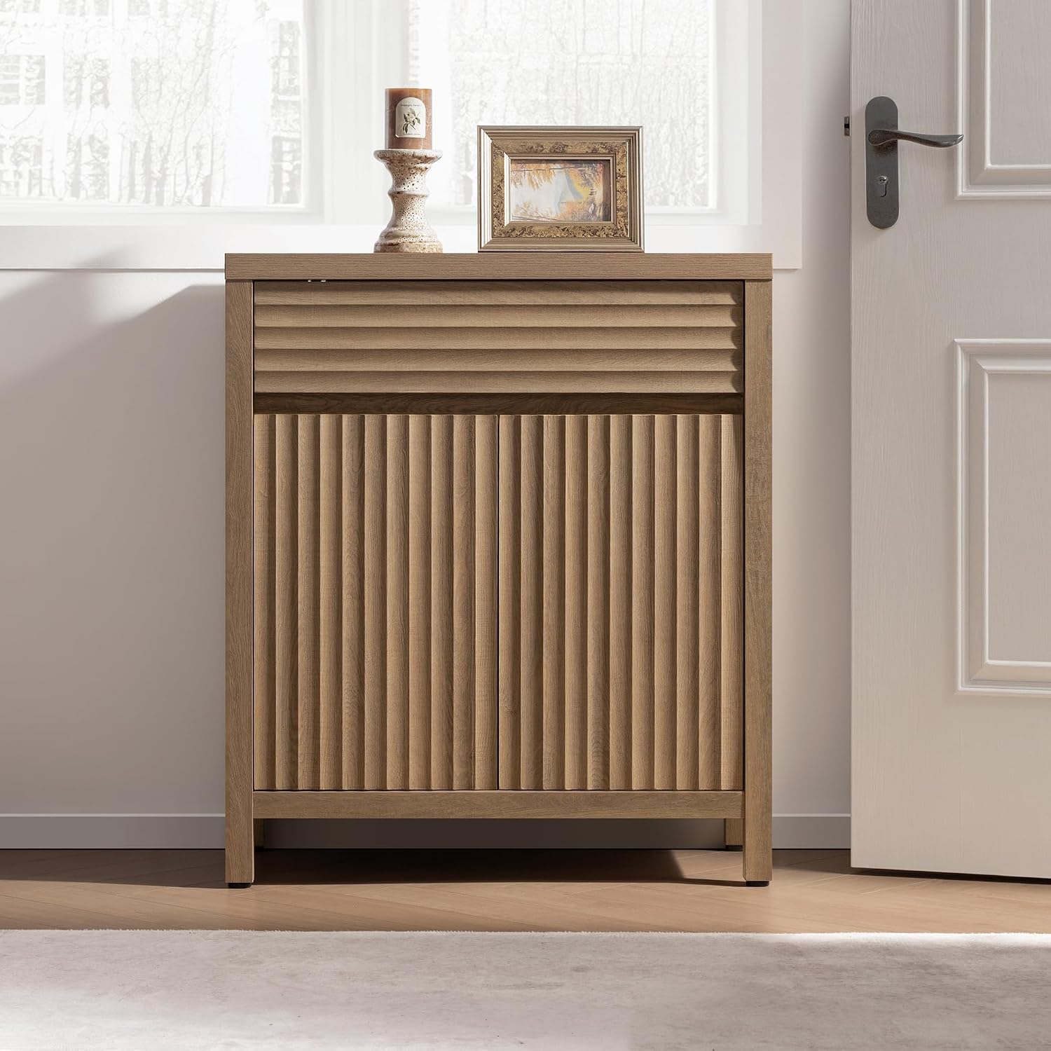 SICOTAS 29" Fluted Buffet Cabinet with Storage, Modern Sideboard Cabinet with Drawer & Adjustable Shelves, Premium Credenza for Kitchen & Living Room, Reclaimed Caramel Oak