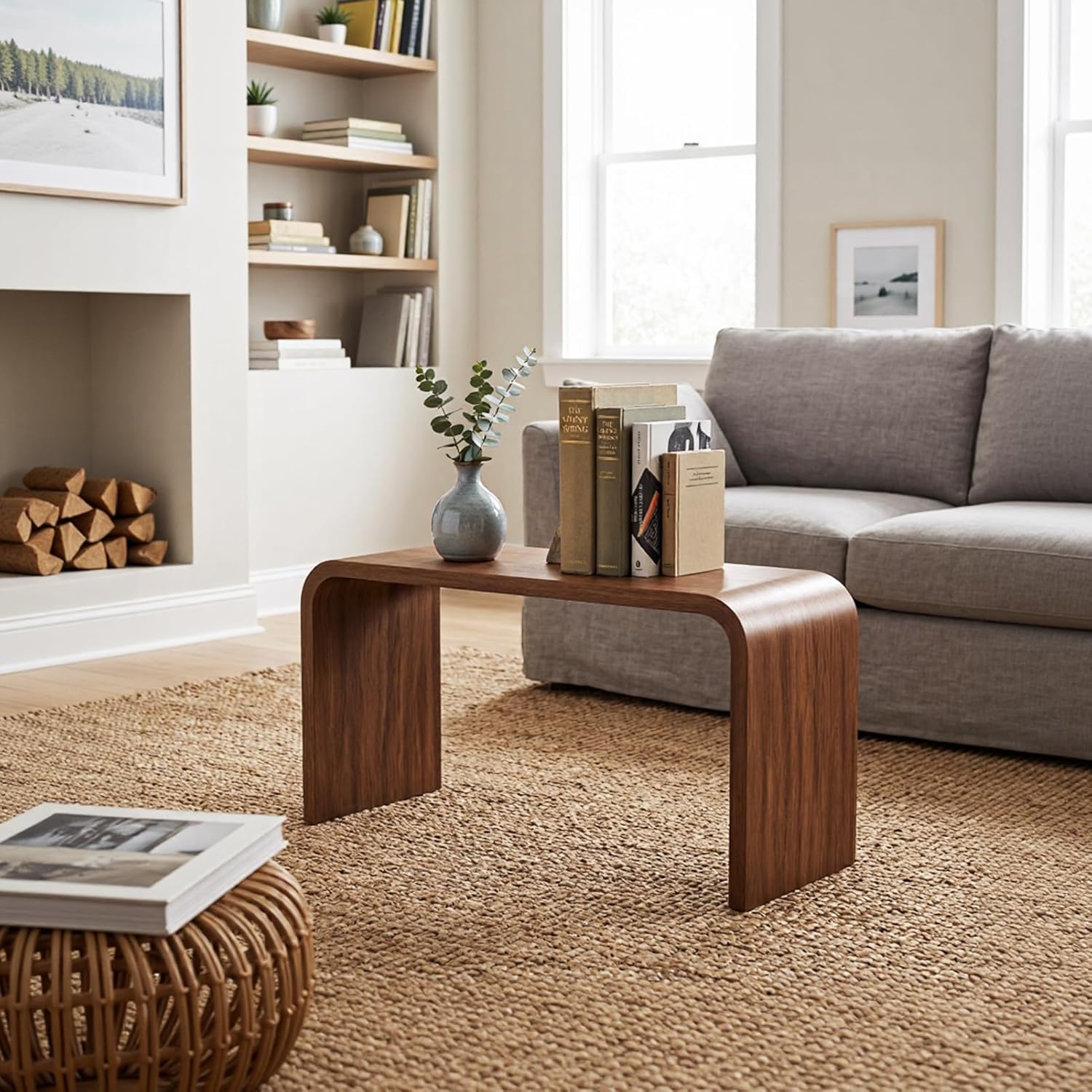 C Shaped End Table, Wooden Sofa Side Table for Couch, Small Nightstand for Living Room Bedroom Narrow Spaces Office
