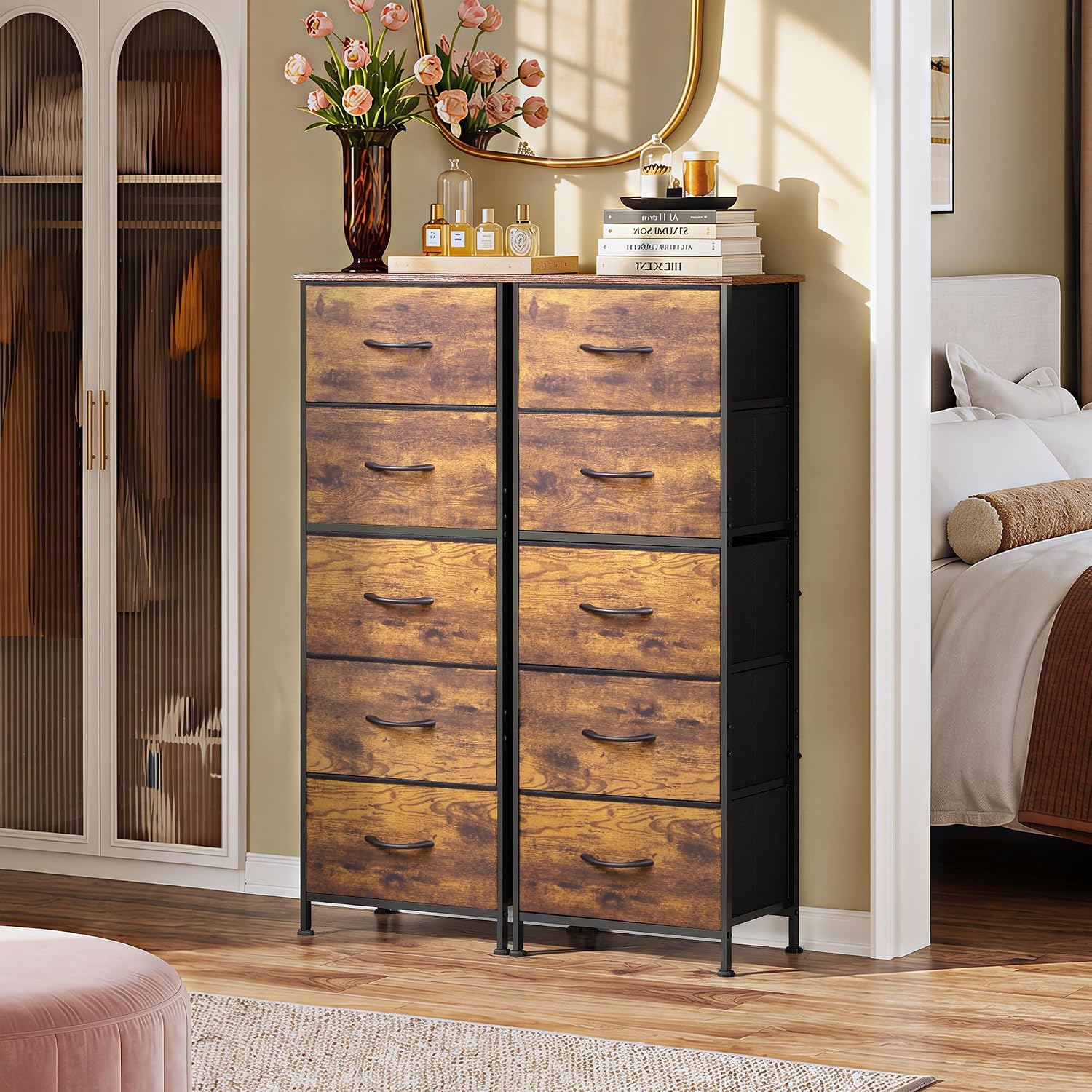 WLIVE Fabric Dresser for Bedroom, 5-Drawer Tall Dressers, Storage Organizer with Fabric Bins, Wood Top, Sturdy Steel Frame, Chest of Drawers for Closet, Hallway, Rustic Brown Wood Grain Print