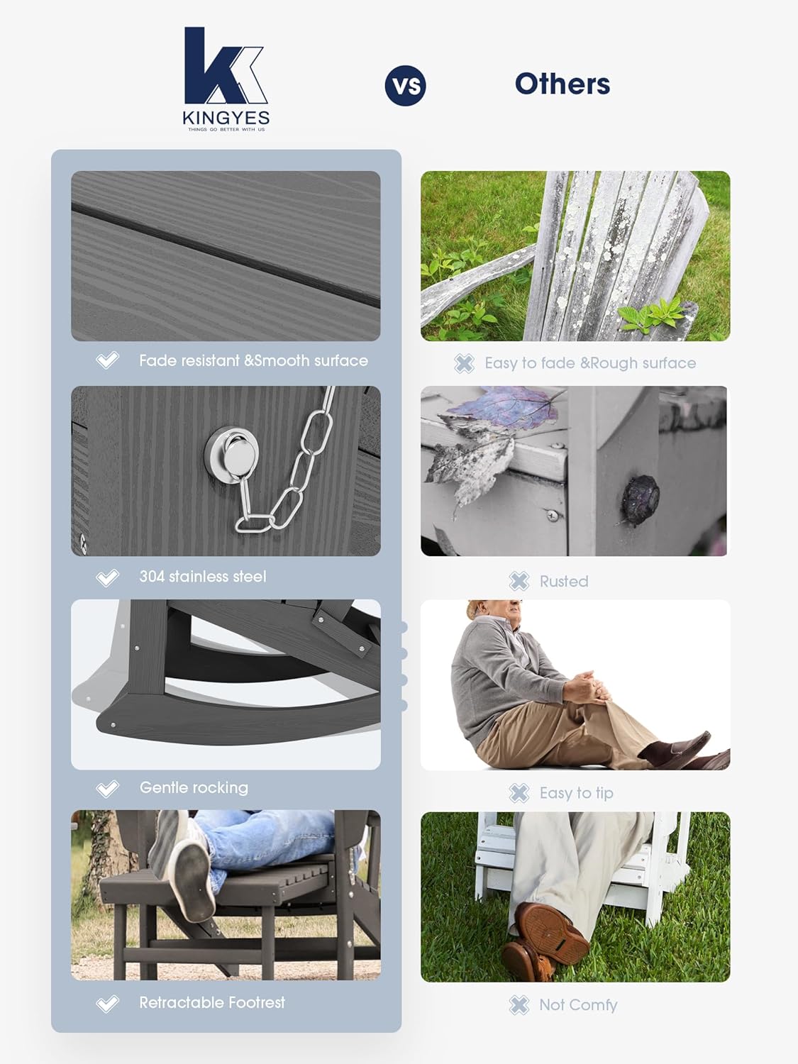 KINGYES Adirondack Rocking Chair Set of 2 with Retractable Ottoman and Cup Holders, HDPE Adirondack Rocker Patio Rocking Chair for Porch, Patio, Balcony, Leaden Grey