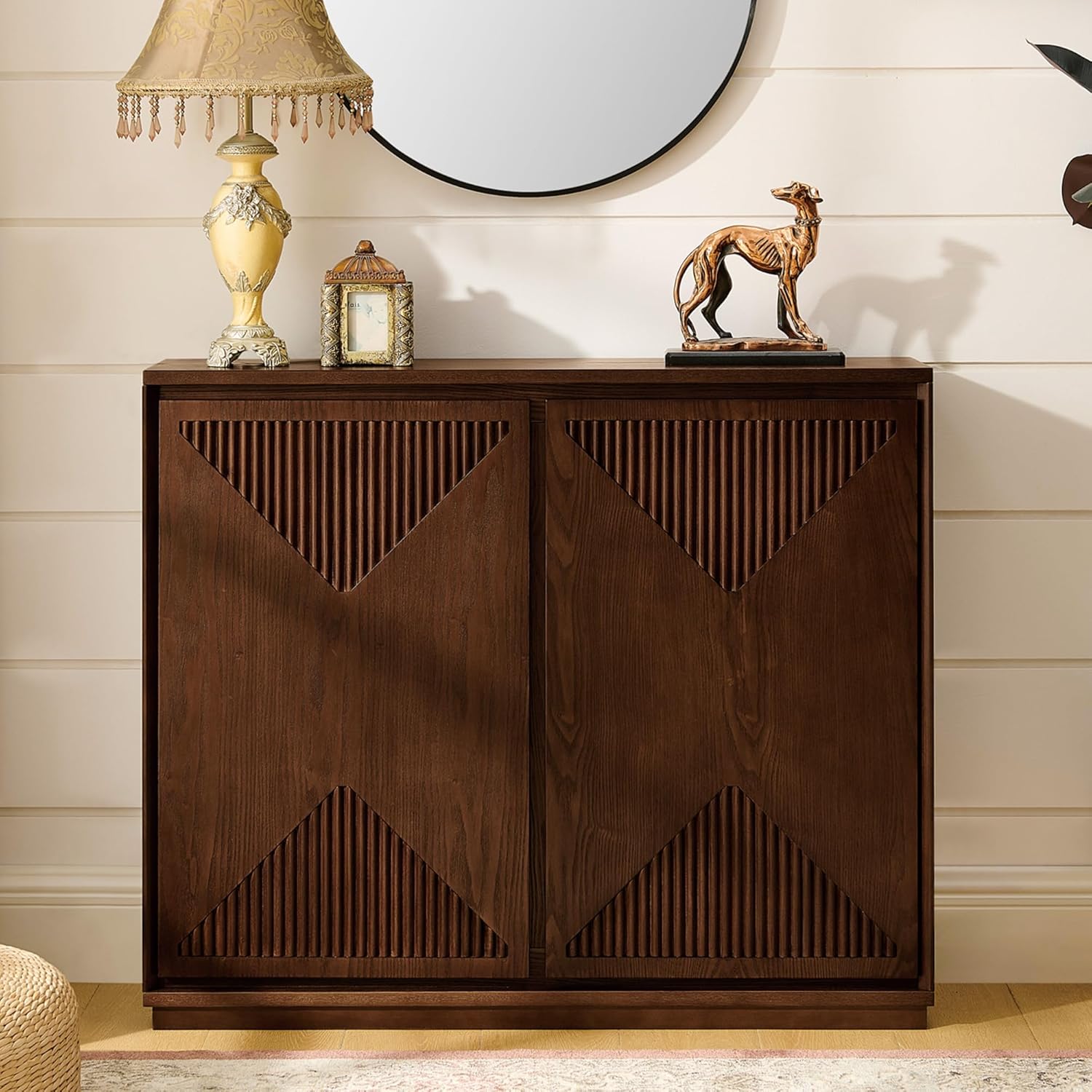 LKTART Mid Century Modern Sideboard Buffet Storage Cabinet with Doors and Shelves,Wood Coffee Bar Storage Cabinets for Kitchen, Dining Room, Living Room-Dark Walnut