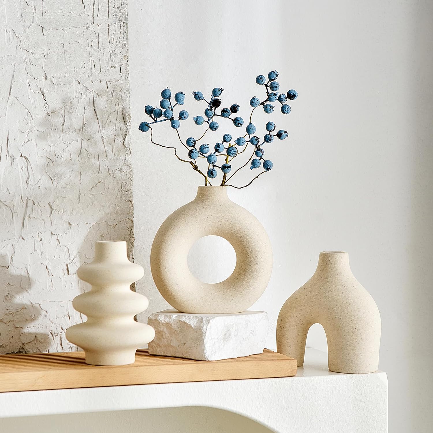 White Ceramic Vase Set of 3, Modern Boho Vases for Home Decor, Small Flower Vases for Pampas Grass, Round White Vases Centerpieces for Wedding Coffee Table Shelf Living Room Bedroom Entryway