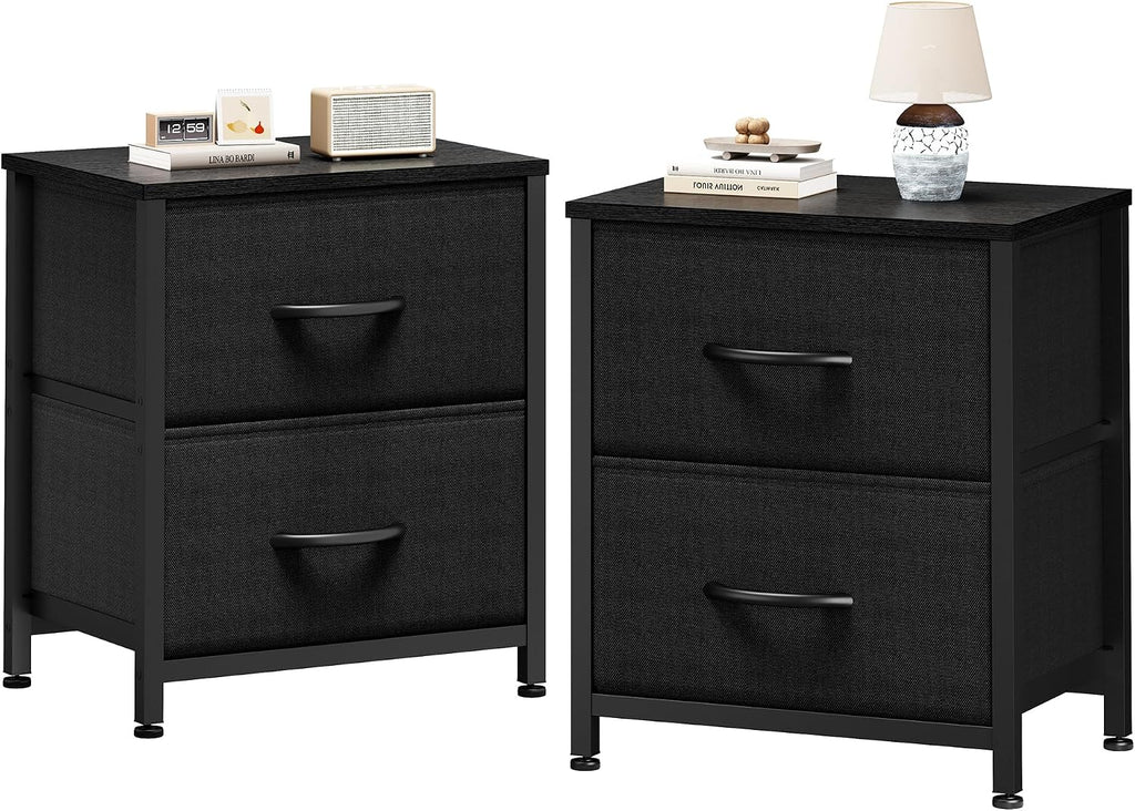 Sweetcrispy Nightstands Set of 2 with 2 Storage Drawer, Small Bedside Table | Small Dresser with Sturdy Wooden Top for Daily Essential, Compact Nightstand for Bedroom and Small Spaces, Black 2PC