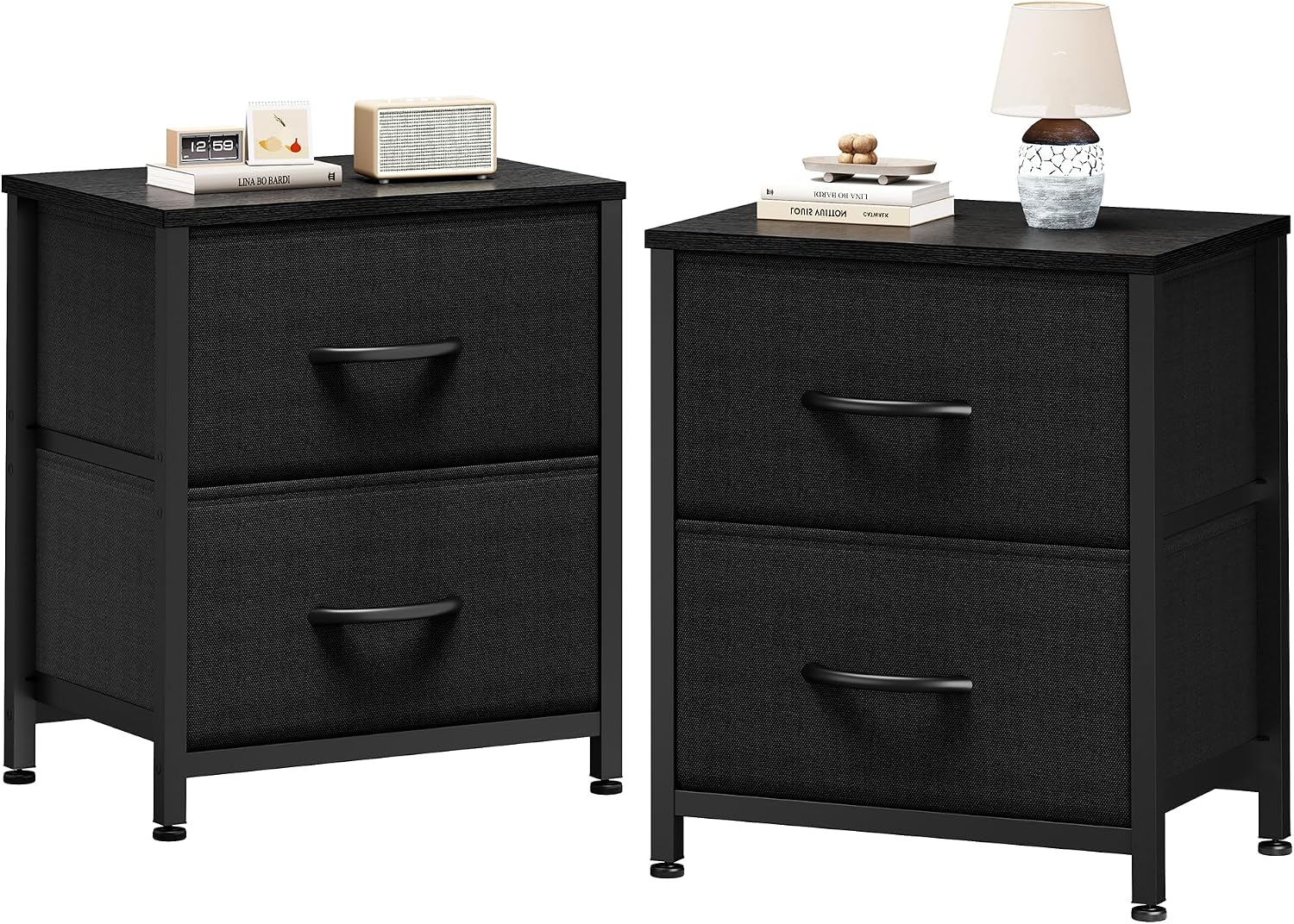 Sweetcrispy Nightstands Set of 2 with 2 Storage Drawer, Small Bedside Table | Small Dresser with Sturdy Wooden Top for Daily Essential, Compact Nightstand for Bedroom and Small Spaces, Black 2PC