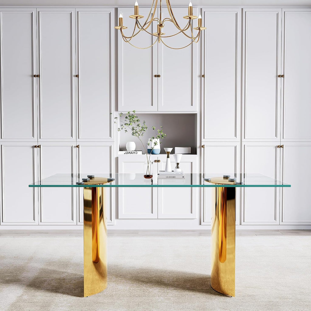63 inch Glass Dining Table for 6,0.39 in Thick Glass Top with Gold Stainless Steel Pedestal Dining Room Table