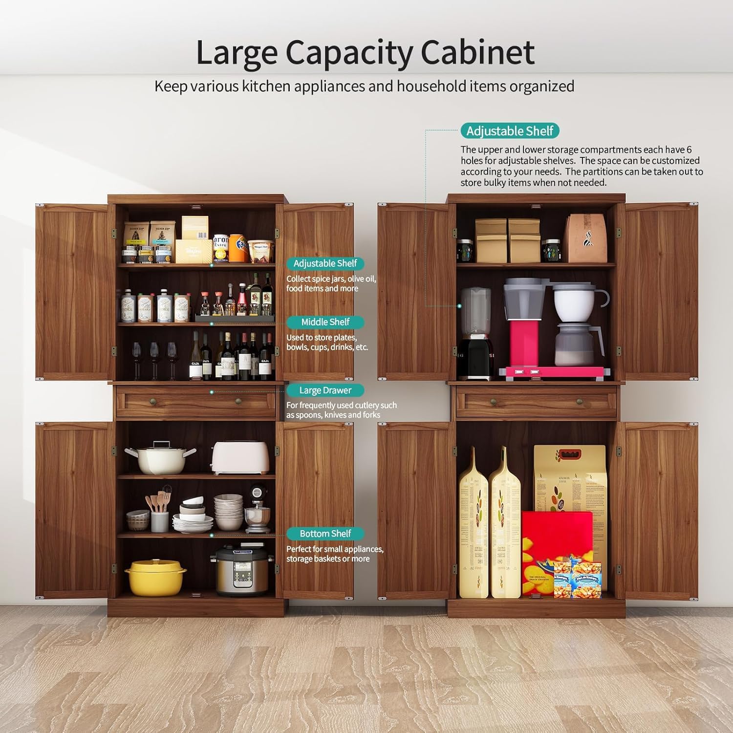 72" Kitchen Pantry Cabinet with Rattan Doors, Tall Pantry Storage Cabinet with 4 Adjustable Shelves & Large Central Drawer, Boho Cupboard for Kitchen, Dining Room, Living Room, Walnut