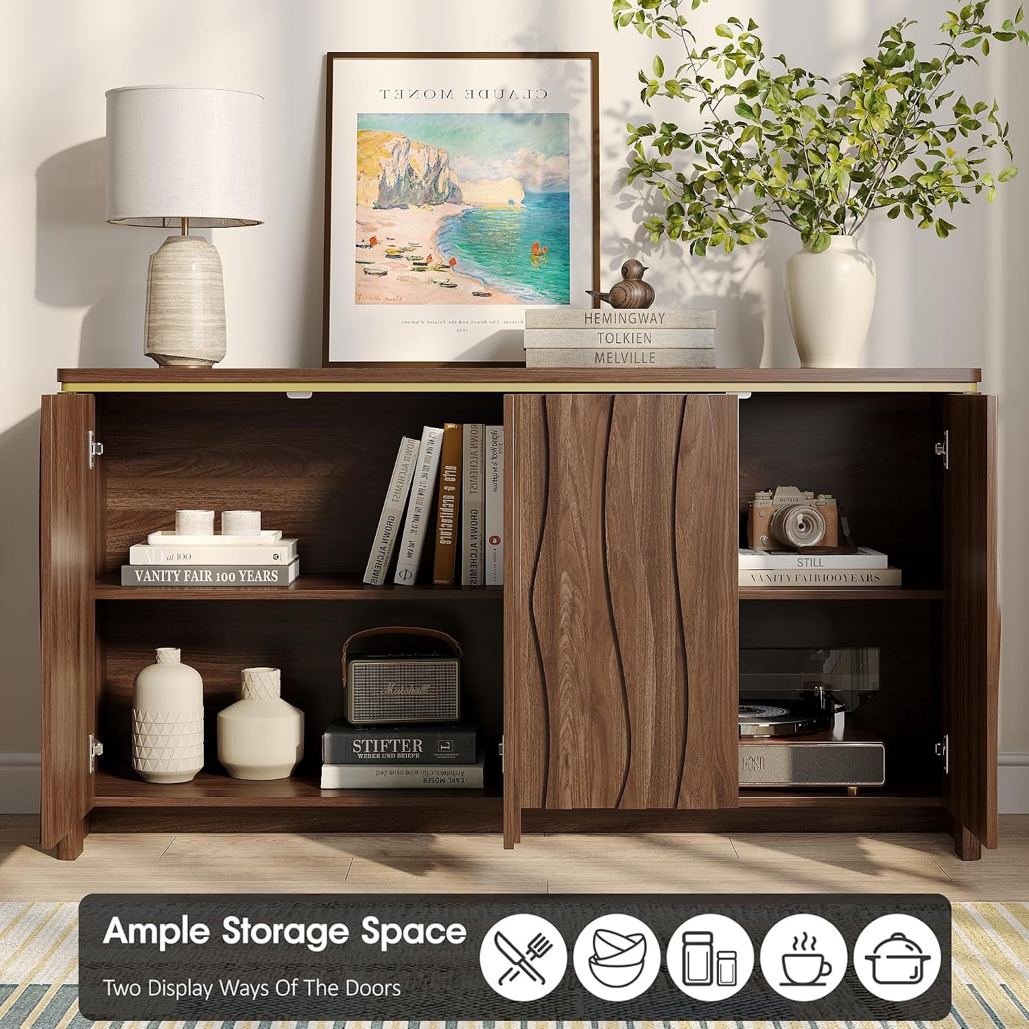 Vabches Fluted Buffet Cabinet with Storage, 3D Ripple Pattern Doors and Curved Edges, Modern Sideboard for Kitchen, Entryway, 4 Doors & Adjustable Shelf, Walnut, 57.9" W