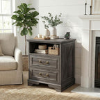 Farmhouse End Table with Charging Station, Rustic Wood Nightstand with 2 Large Drawers & Open Storage, Bedside Table with USB-C Ports for Living Room Bedroom (Gray Oak)