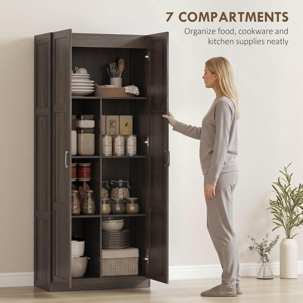 HOMCOM 71" Tall Kitchen Pantry Cabinet, Large Multipurpose Storage Cabinet with 4 Adjustable Shelves, Modern Farmhouse Freestanding Food Pantry with Framed Doors & Soft-Close Hinges, Espresso