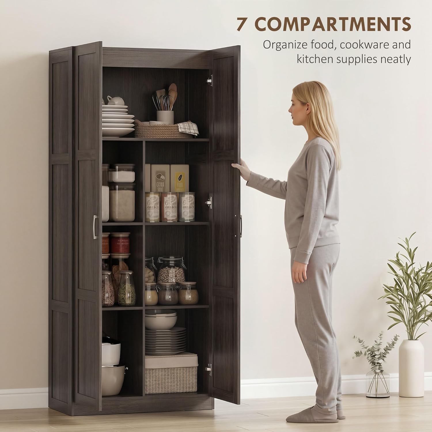 HOMCOM 71" Tall Kitchen Pantry Cabinet, Large Multipurpose Storage Cabinet with 4 Adjustable Shelves, Modern Farmhouse Freestanding Food Pantry with Framed Doors & Soft-Close Hinges, Espresso