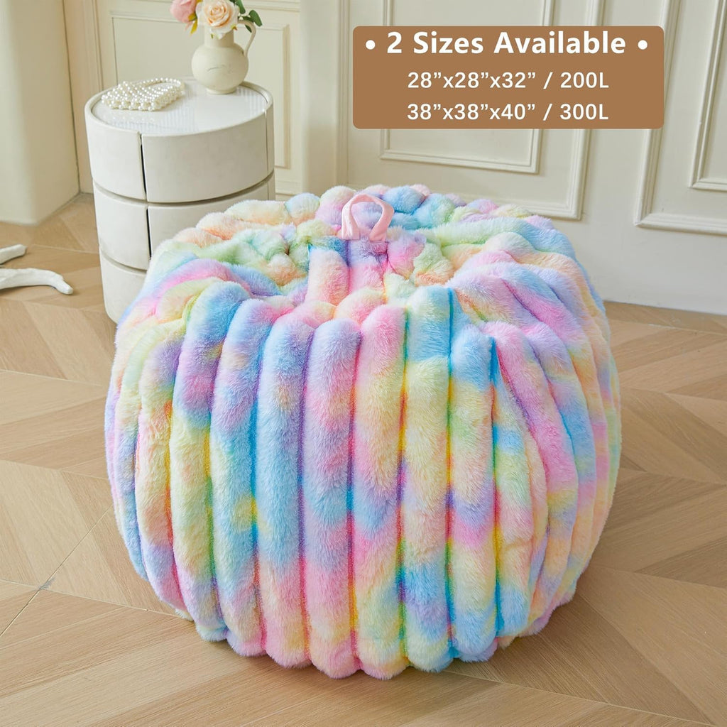 MEGO Kids Fluffy Faux Rabbit Fur Bean Bag Chair Cover(No Filler), Tie Dye Shaggy Striped Stuffed Animal Storage Bean Bag for Plush Toys, Fuzzy Ribbed Beanbag Cover Kids Girls Teens, Anti-slip, Rainbow