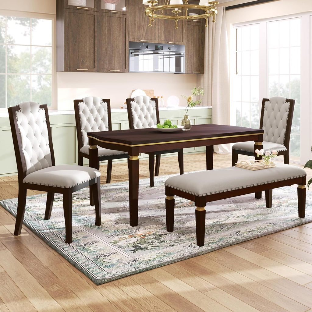 Merax 6-Piece Solid Wood Dining Table Set, Modern Elegant 60" Rectangular with 4 High-Back Tufted Upholstered Chairs + 1 Bench for Kitchen Room, Espresso