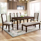 Merax 6-Piece Solid Wood Dining Table Set, Modern Elegant 60" Rectangular with 4 High-Back Tufted Upholstered Chairs + 1 Bench for Kitchen Room, Espresso