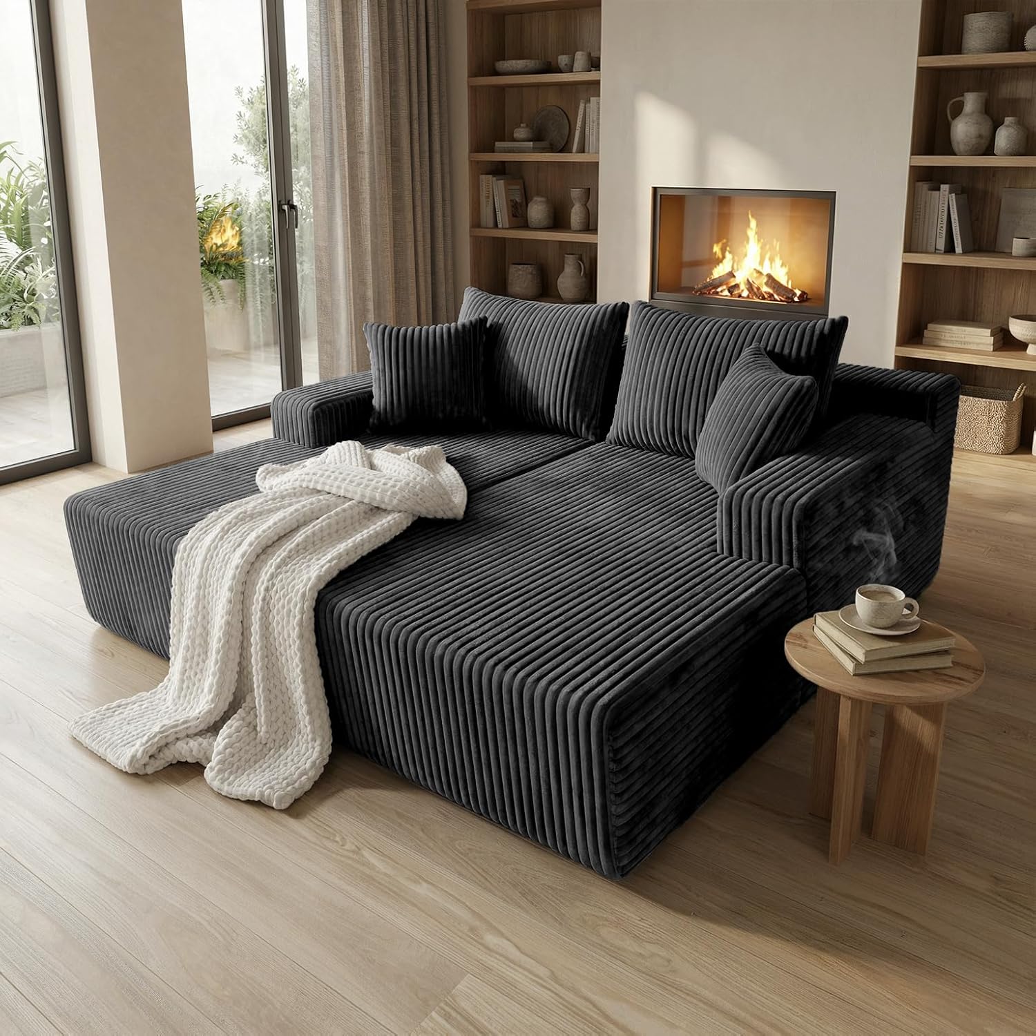 Sytopia Loveseat Chaise Lounge with Armrests, Oversized Sofa Bed with 4 Pillows, Cozy Boneless Sleeper, Modular Sectional Couch for Living Room Bedroom, Floor Chair Furniture sala Corduroy