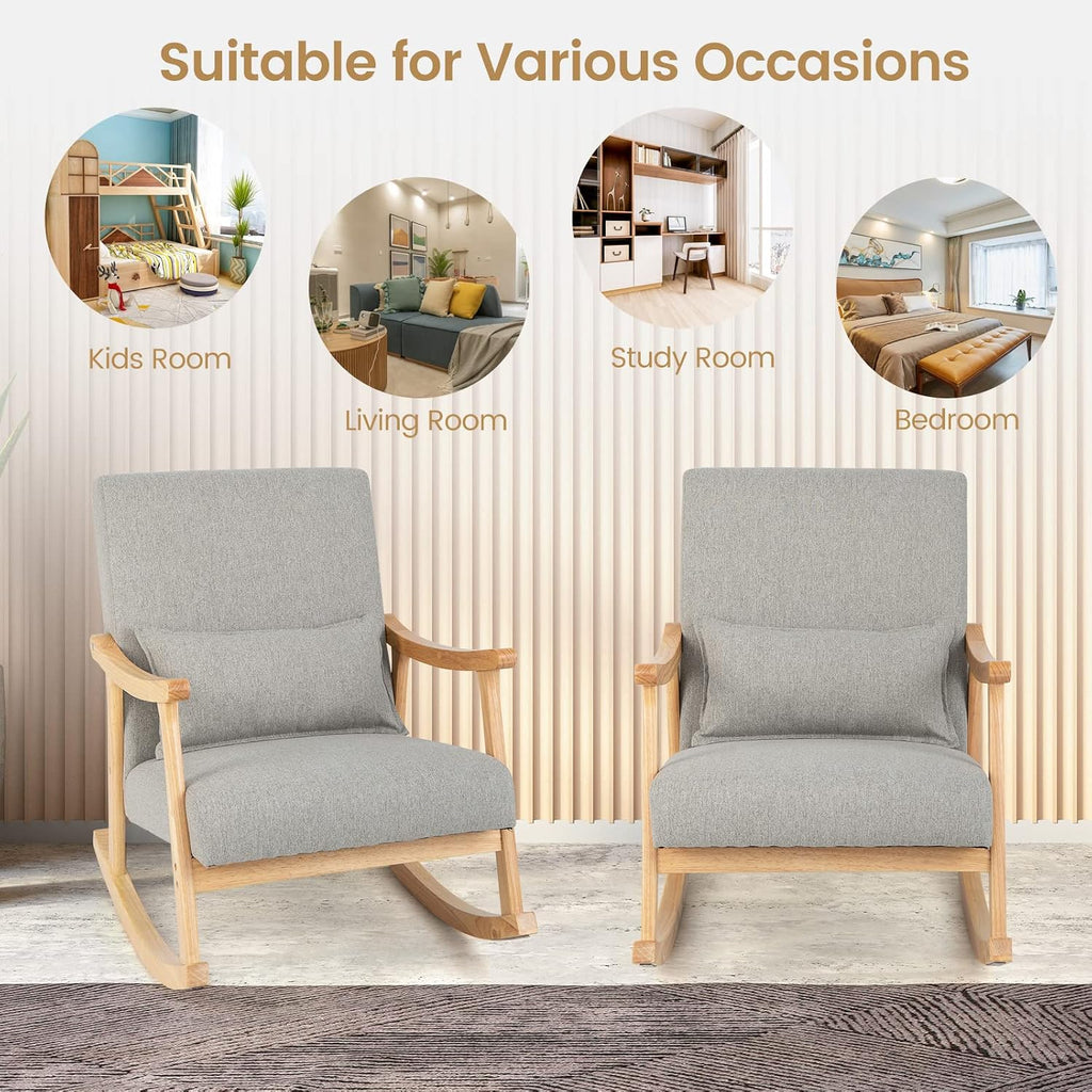 GOFLAME Nursery Rocking Chair Set of 2, Upholstered Rocker Glider Chair with Lumbar Pillow, High Backrest & Padded Seat Cushion, Accent Armchair with Rubber Wood Frame for Living Room, Bedroom, Grey