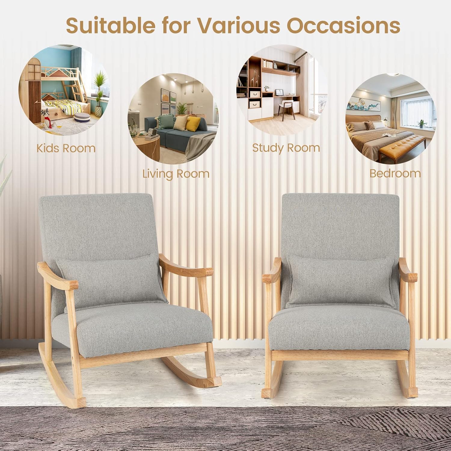 GOFLAME Nursery Rocking Chair Set of 2, Upholstered Rocker Glider Chair with Lumbar Pillow, High Backrest & Padded Seat Cushion, Accent Armchair with Rubber Wood Frame for Living Room, Bedroom, Grey