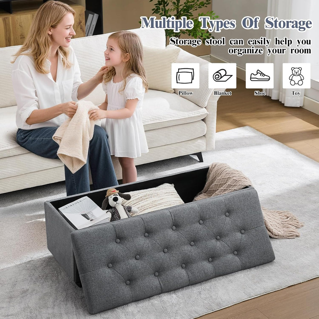 43" Ottoman with Storage and Sturdy Metal Frame, Tufted Upholstered Storage Bench, Modern Footboard Hideaway Chest with Removable Lid and Footrest for Living Room, Entryway (Dark Gray)