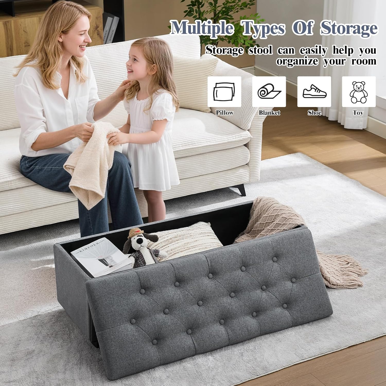 43" Ottoman with Storage and Sturdy Metal Frame, Tufted Upholstered Storage Bench, Modern Footboard Hideaway Chest with Removable Lid and Footrest for Living Room, Entryway (Dark Gray)