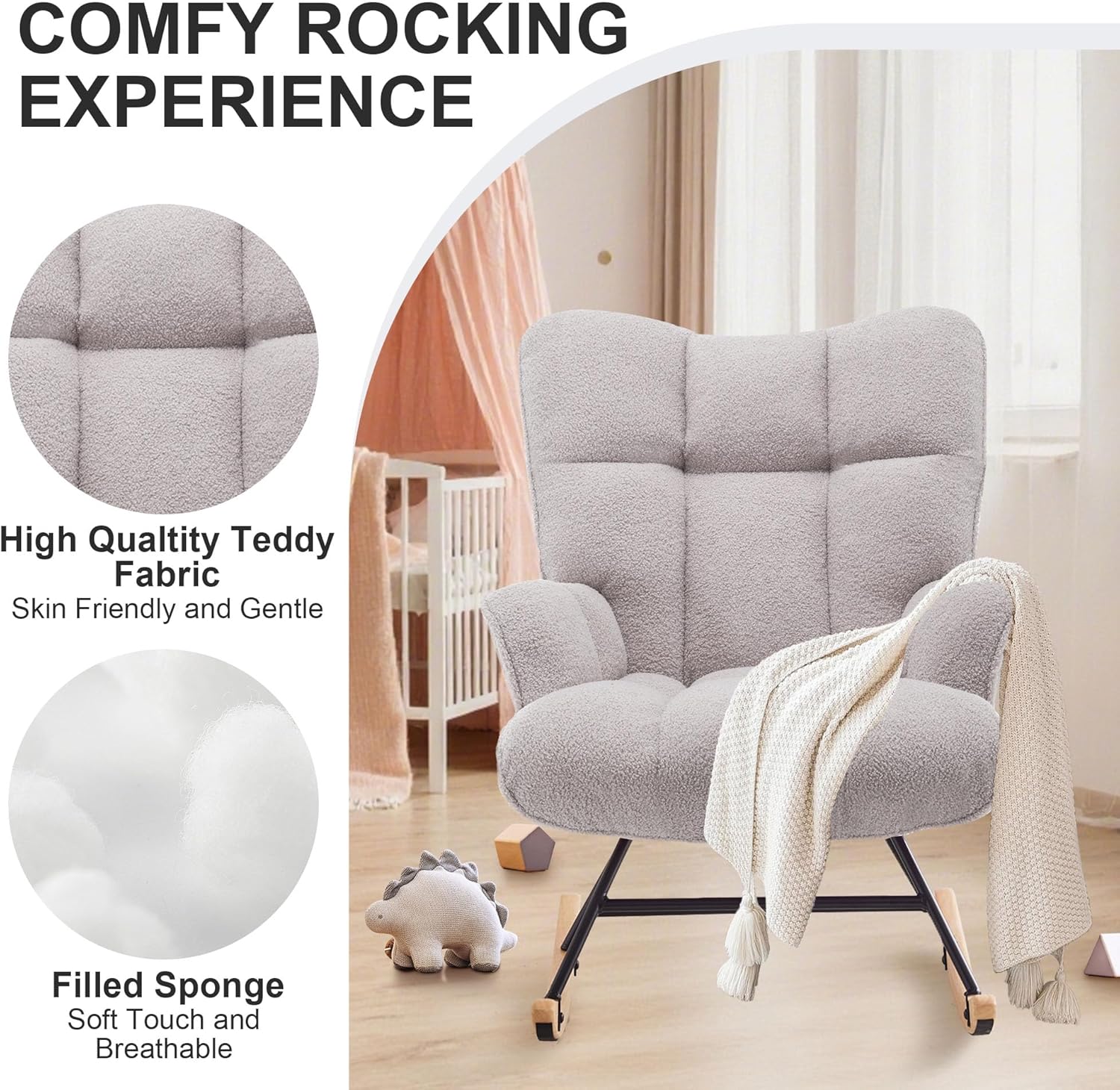 Zedachica Rocking Chair Nursery Teddy Upholstered Glider Rocker Rocking Accent Chair Padded Seat with High Backrest Armchair Comfy Side Chair for Living Room Bedroom Offices (Grey Teddy)