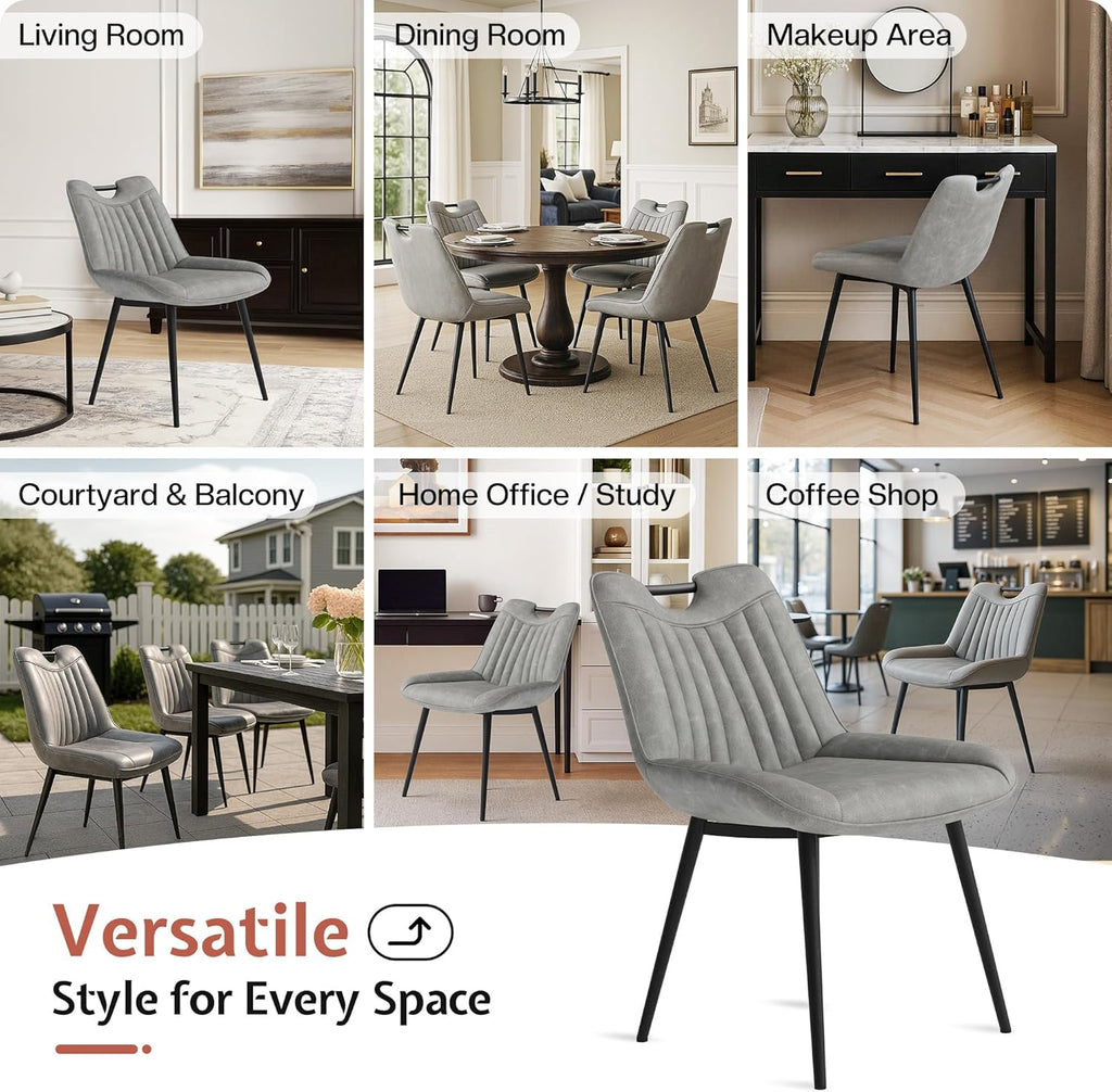 Jocisland Upholstered Faux Leather Dining Chairs Set of 4, Mid-Century Modern Kitchen & Dining Room Chairs with Curved Backrest, Cutout Handle, Metal Legs & Padded Seat, Grey