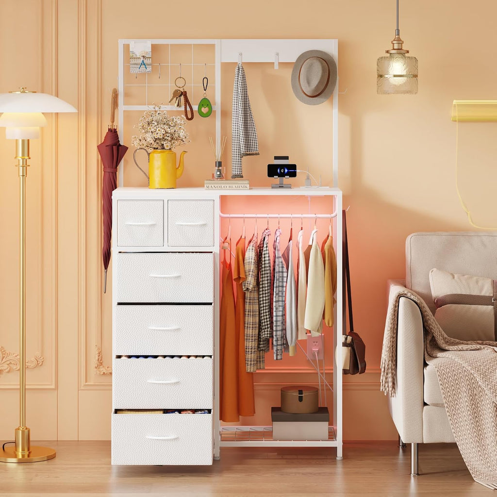 YAOHUOO Dresser with 6 Drawers and Hanging Rack, White | 6 Drawer Dresser, Hanging Rack, Charging Station, LED Light, Shoe Rack, Side Hooks, Entryway, Bedroom