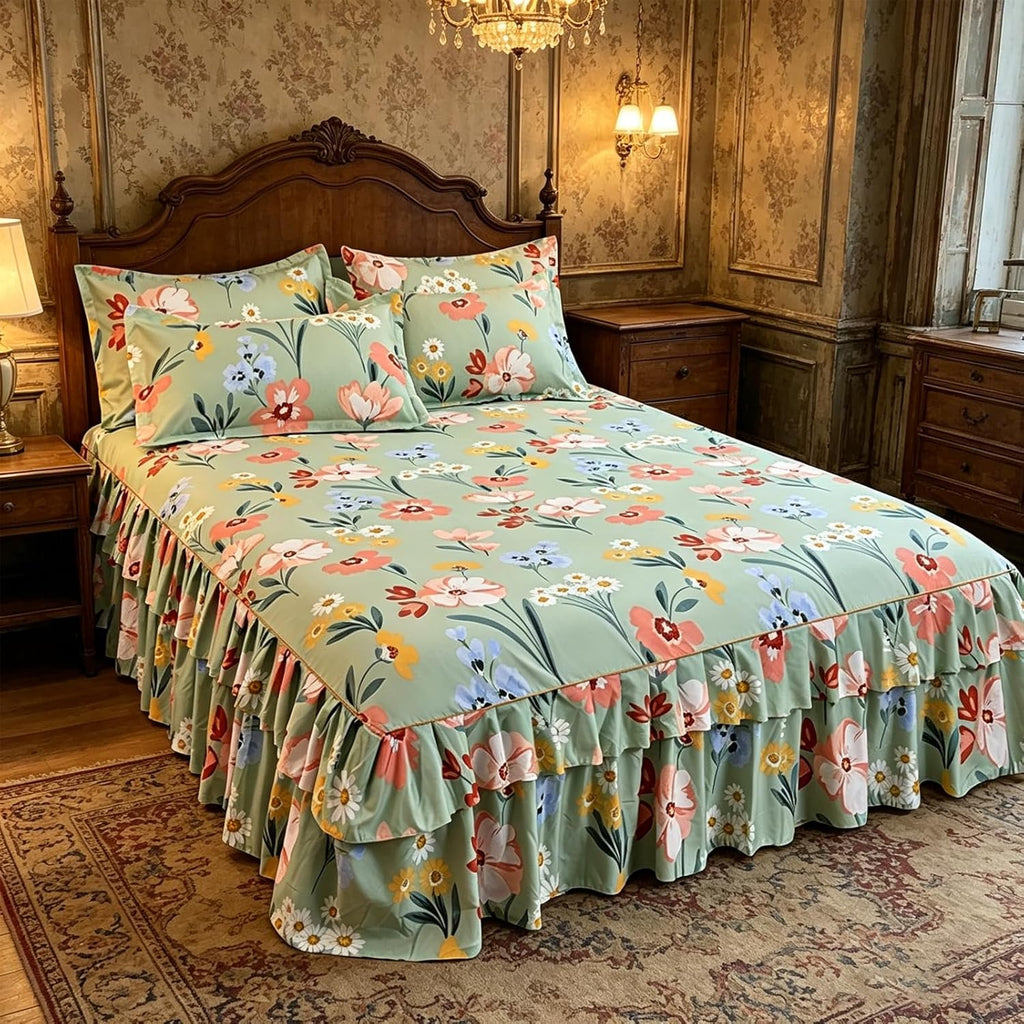 3-Piece Ruffled Bed Skirt Set with Floral Print，Floral Ruffled Bed Skirt 3-Piece Set,Elegant Soft Ruffle Skirt Bedspread with 1 Bed Skirt and 2 Pillowcases for Bedroom (＃4, 78 * 80in)